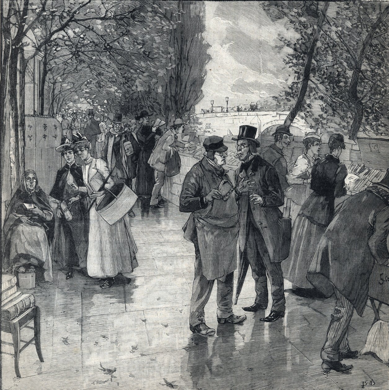 Kniha-kniha procházka na březích nábřeží v Paříži. Rytina v „“Le petit parisien““ dne 30.10.1892. Soukromá sbírka od Anonymous Anonymous