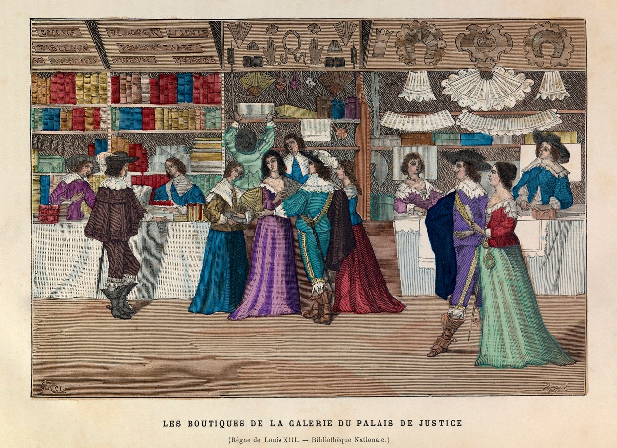 Butiky galerie Palais de Justice v Paříži za vlády krále Ludvíka XIII. v 17. století - Obchody v Galerii du Palais de Justice, Paříž, vláda Ludvíka XIII. od Anonymous Anonymous