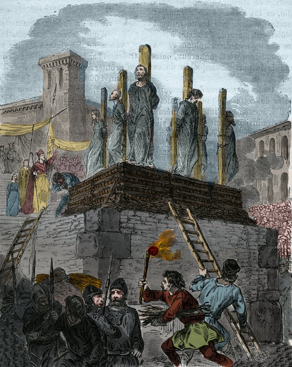 Případ kacířů z Orleans: kanovníci byli v roce 1022 v Orleansu odsouzeni k řezníkovi za kacířství. (první bucher v historii boje proti herezi na Západě za vlády Roberta II. Pobožného (996-1031). Rytina z 19. století od Anonymous Anonymous