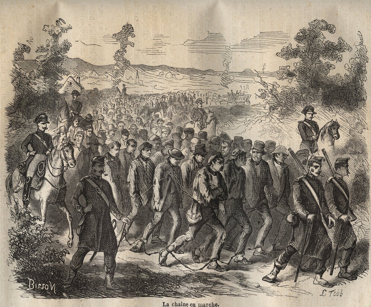 Řetěz začal v Toulon Bagne v 19. století. Rytina do „Historie trestanců od jejich vzniku po současnost“ (1877) od Pierra Zacconeho (1817-1895) (Colonia Penale - Trestná kolonie). Soukromá sbírka. od Anonymous Anonymous