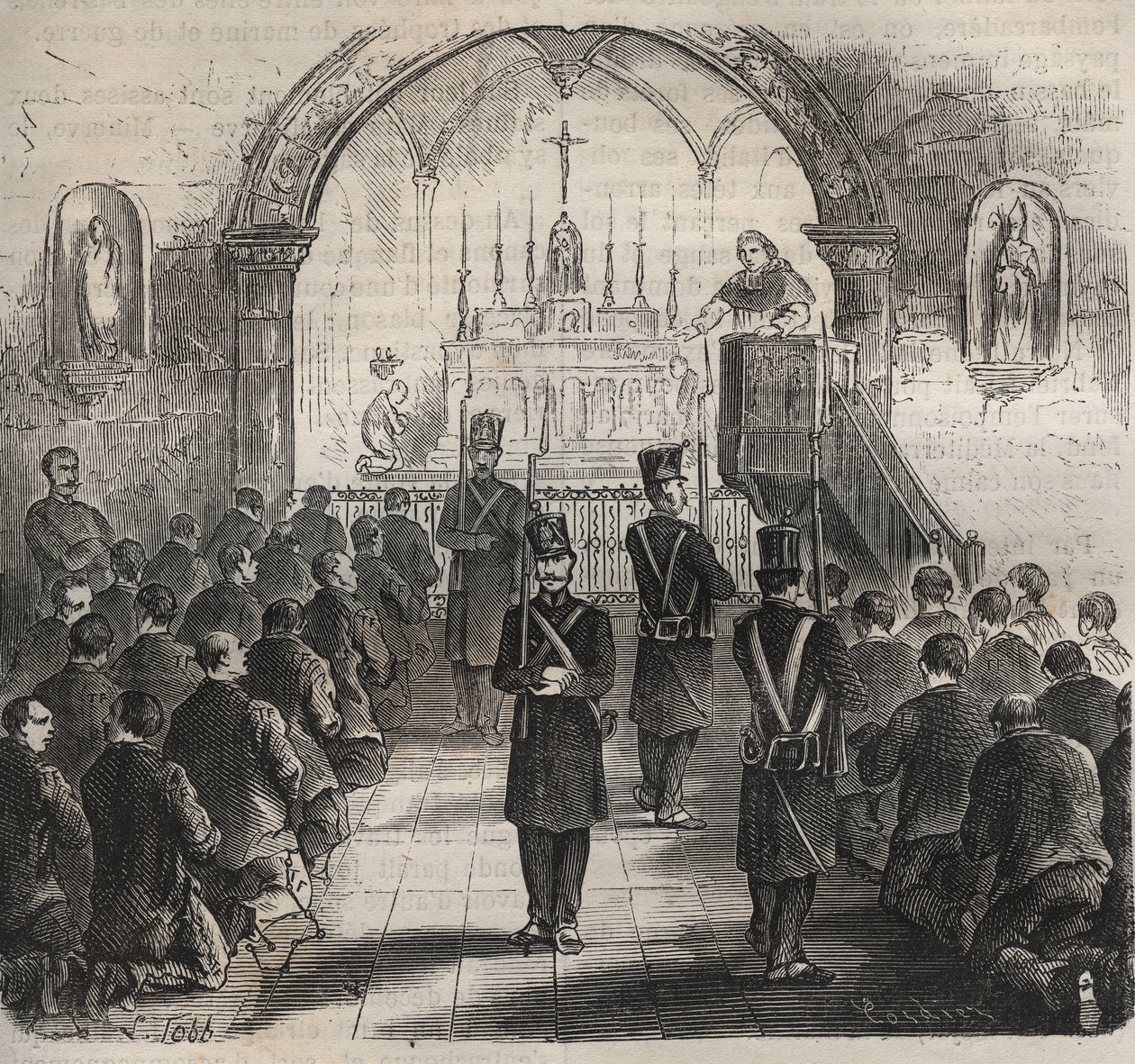 Kaple toulonské věznice v 19. století. Rytina do „Historie trestanců od jejich vzniku až po současnost“ (1877) od Pierra Zacconeho (1817-1895) (Colonia Penale - Trestná kolonie). Soukromá sbírka. od Anonymous Anonymous