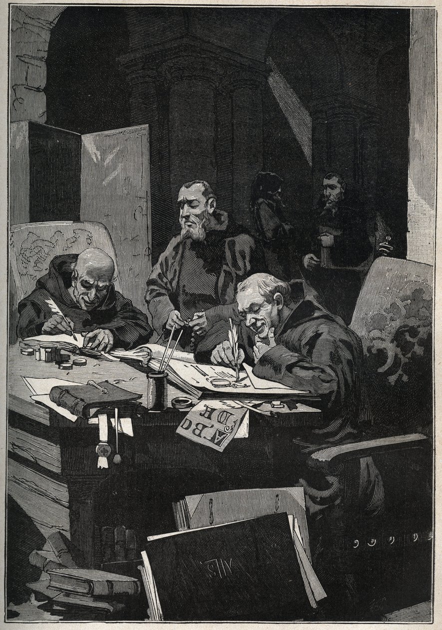 Chrysograf: mniši copistee provádějící iluminace zlatým písmem ve středověku. Rytina z roku 1885 v „“Les arts et metiers illustres““ od Adolpha BITARDA. od Anonymous Anonymous