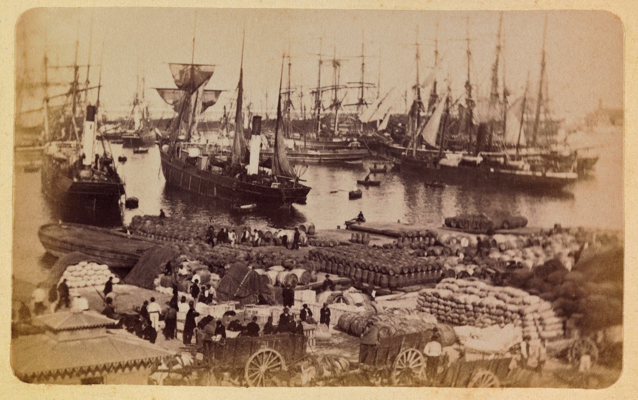 Město Marseille a jeho okolí kolem 1885 -1890: Bassin de la Joliette, nalodění nákladu na kočkách, soukromá sbírka od Anonymous Anonymous