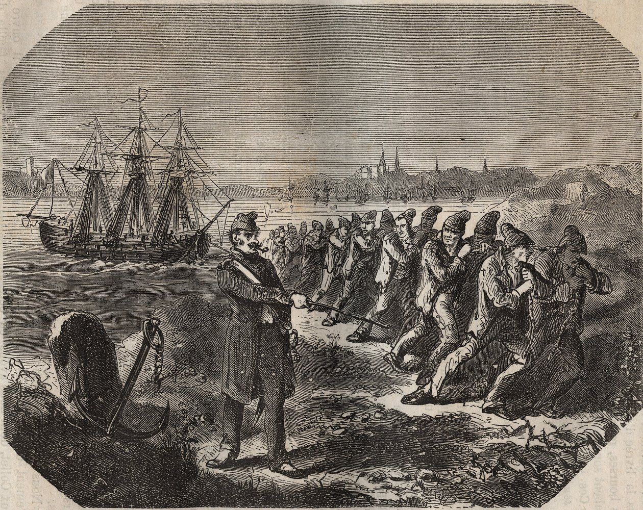 Cordelle (dílo velké únavy) v bagne de Rochefort v 19. století. Rytina do „Historie věznic od jejich vzniku po současnost““ (1877) od Pierra Zacconeho (1817-1895) (Colonia Penale - Trestná kolonie) od Anonymous Anonymous