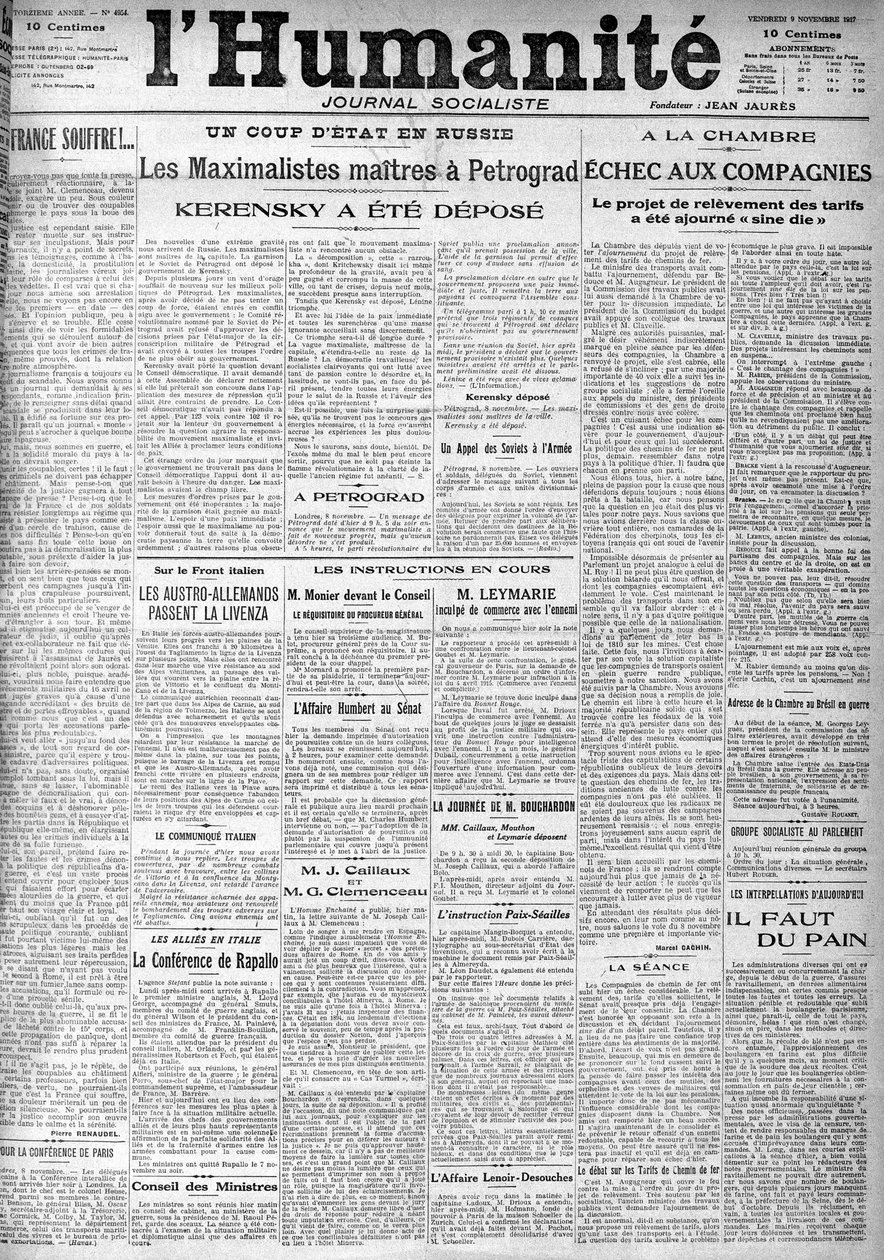 Převrat v Rusku na titulkách socialistických novin „Lidstvo“. Titulky:““ Mistři Maximalisté v Petrohradě“, „“Kerenskij byl uložen“““ (Kerenski), 9/11/1917. od Anonymous Anonymous