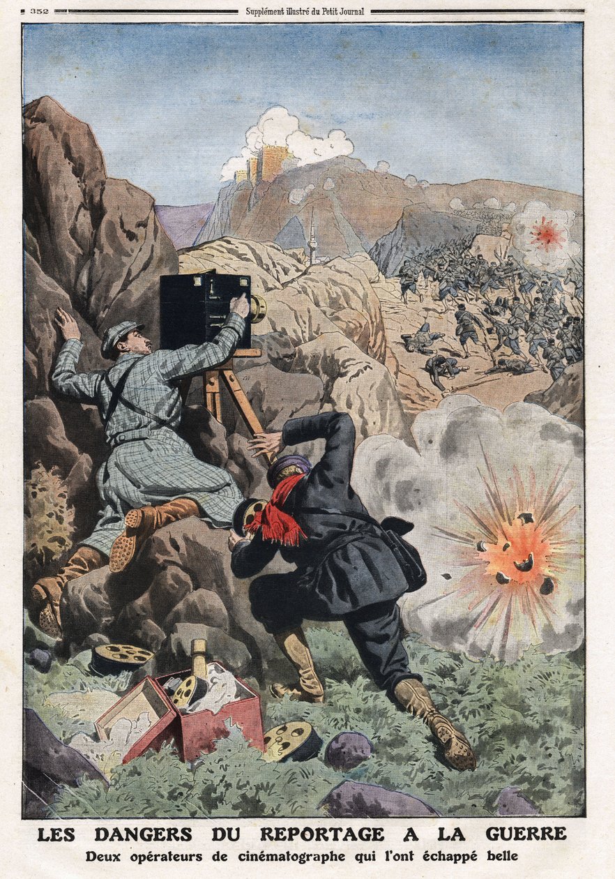 Nebezpečí zpravodajství ve válce: „“ dva zpravodajští zpravodajové ve válečných zemích, kteří riskují své životy“““ ilustrace z „“ Le Petit Journal““ 3/11/1912 Soukromá sbírka. od Anonymous Anonymous
