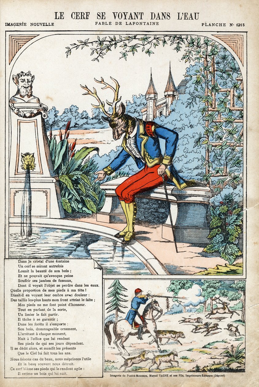 Jelen se vidí ve vodě. Anonymní ilustrace pro Les Fables od Jean de LA FONTAINE (Lafontaine) (1621-1695). Imaging of Pont-a-Mousson, circa 1880. Soukromá sbírka. od Anonymous Anonymous