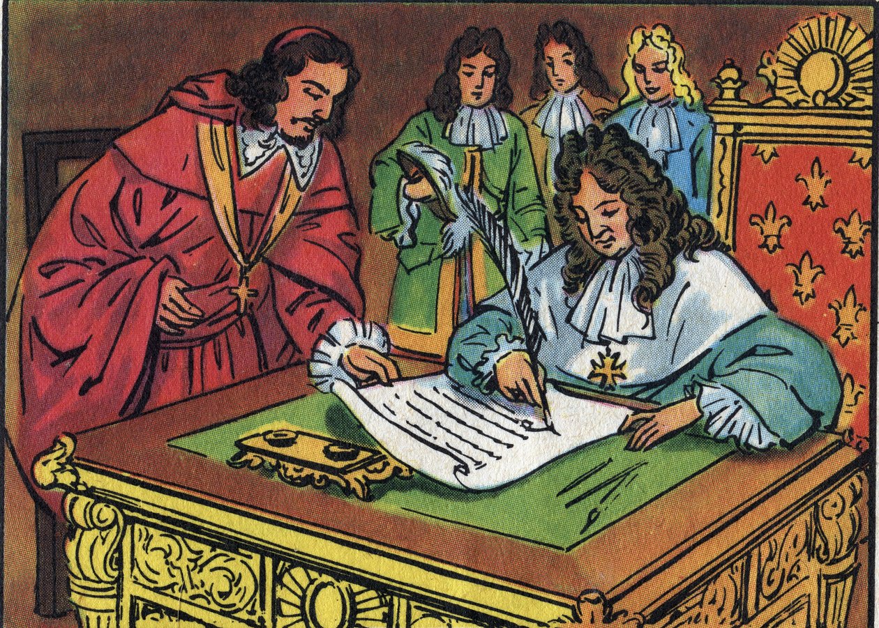 Vydání Fontainebleau, podepsané Ludvíkem XIV. dne 18. října 1685, odvolalo vydání Nantes udělené Jindřichem IV. v roce 1598. Anonymní ilustrace ve „“ Collection des souverains et chefs d