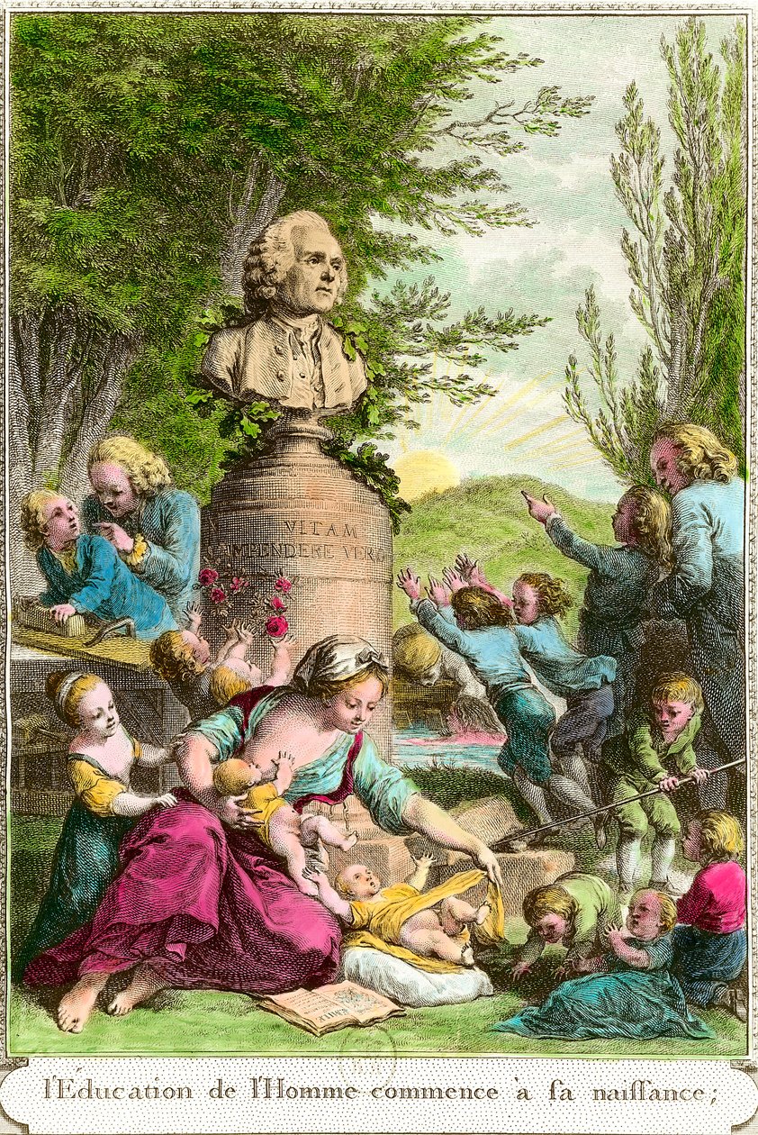 Výchova člověka začíná jeho narozením: matky s dětmi, vedle busty na poctu švýcarskému filozofovi Jeanu Jacquesovi Rousseauovi (1712-1778). Rytina soukromé sbírky 18. století od Anonymous Anonymous