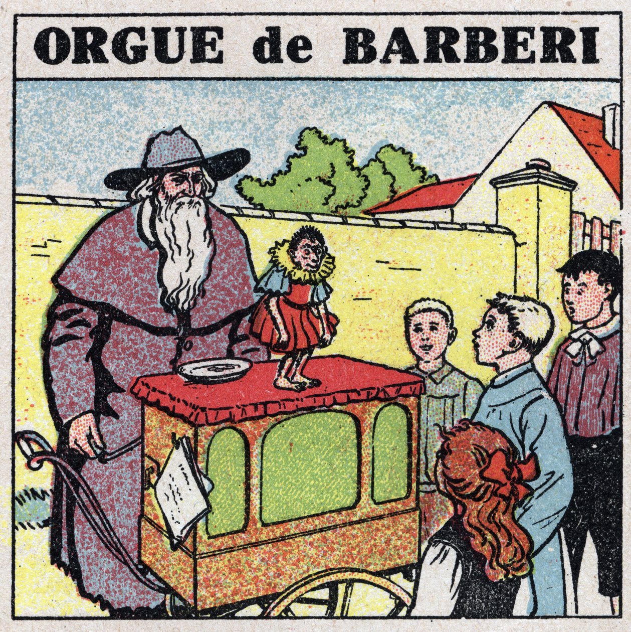 Účinky hudby: pichlavý varhanář a opice baví děti na ulici. Anonymní ilustrace z roku 1925. Soukromá sbírka. od Anonymous Anonymous
