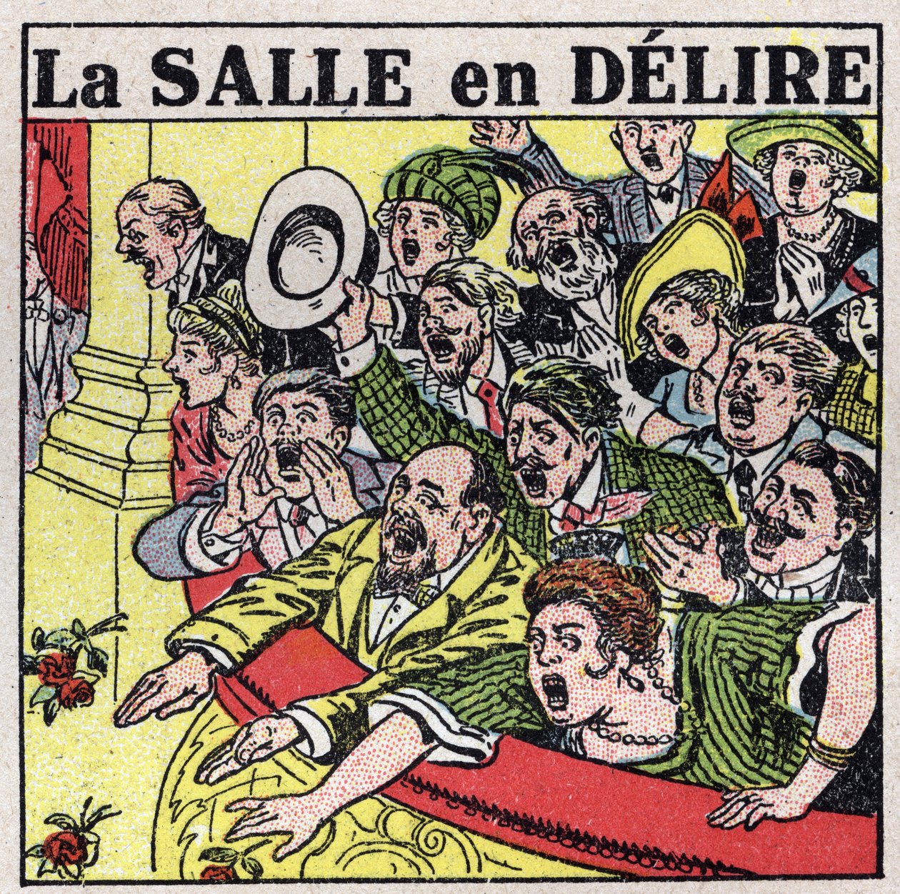 Účinky hudby: diváci divadla vyjadřující svou radost výkřiky, potleskem a rozkvetlými květinami. Anonymní ilustrace z roku 1925. Soukromá sbírka. od Anonymous Anonymous