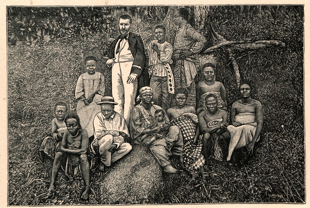 Průzkumník Pierre Savorgnan z Brazzy (1852-1905) a skupina domorodých lidí z Apoštolského vikariátu Dvou Guineí (Dvě Guinea) v Gabonu. Rytina do „Les Missions Catholiques au XIXeme Siecle““ od Louis-Eugene (Louis Eugene) Louvet. pr od Anonymous Anonymous