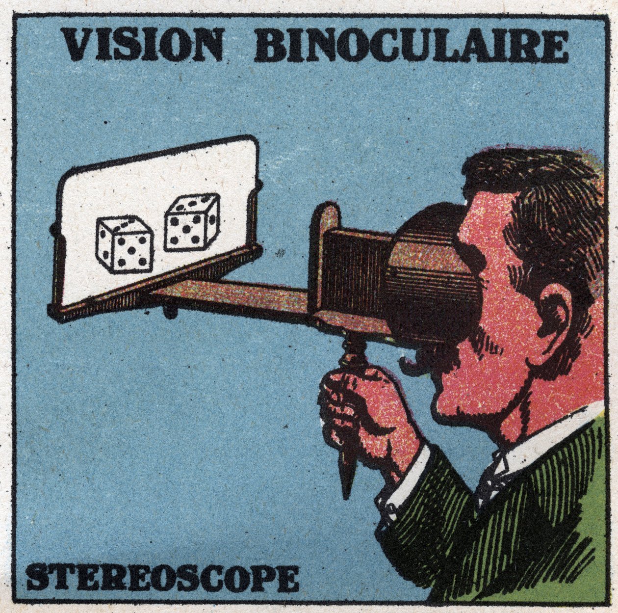 Oko: binokulární vidění. Použití stereoskopu k úlevnému vidění. Anonymní ilustrace z roku 1925. Soukromá sbírka. od Anonymous Anonymous