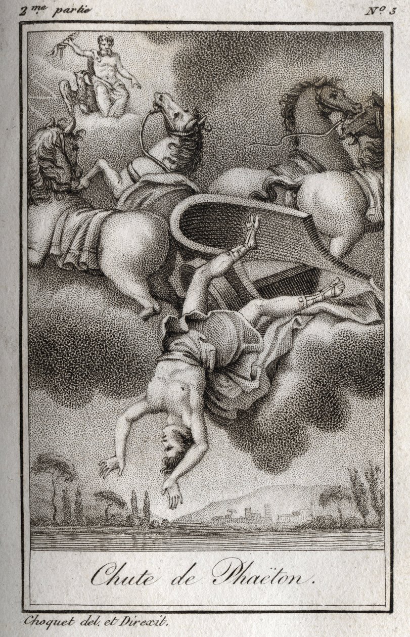 Pád Phaeton Phaeton (Phaethon), neschopný ovládat tank Helios, byl zasažen Zeusem a spadl do řeky Eridan. Rytina z roku 1819 v „Lettres a Emilie sur la mythologie“ od Charlese Alberta Demoustiera (1760-1801). Soukromá sbírka. od Anonymous Anonymous