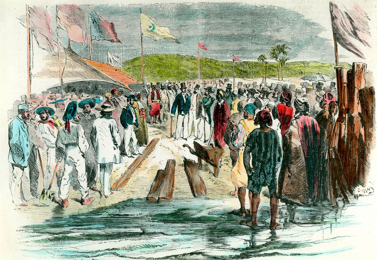 První vyzvednutí při zahájení vrtných prací na Suezském průplavu dne 25. dubna 1859 Staveniště v Egyptě, které mělo spojit Rudé moře se Středozemním mořem, trvalo do roku 1869. Rytina Collection Particuliere z 19. století od Anonymous Anonymous