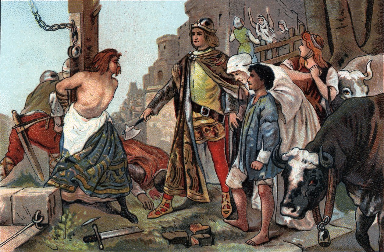 Soudce Baudouina VII (1092-1119), hrabě z Flander řekl sekere. Reklamní chromolitografie čokolád Antoine v Bruselu, počátek 20. století. Soukromá sbírka od Anonymous Anonymous