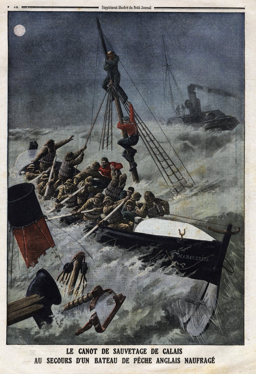 Záchranný člun z Calais k záchraně potápějící se anglické rybářské lodi. Rytina v „“Le Petite Journal““, dne 11.02.1912. Soukromá sbírka. od Anonymous Anonymous