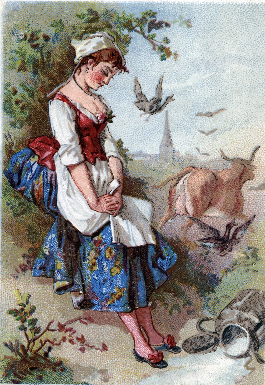 Mléko a nádoba na mléko. Bajka od Jean de La Fontaine (Lafontaine) (1621-95). Chromolitografie 19. století. Soukromá sbírka. od Anonymous Anonymous