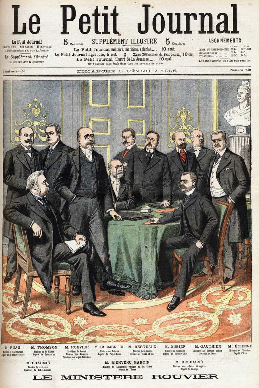 Ministerstvo Rouvier: Dole zleva doprava: Joseph Ruau (1865-1923), ministr zemědělství, Gaston Thomson (1848-1932), ministr námořnictva, Maurice Rouvier (1842-1911), předseda Rady a Ministr financí Etienne Clementel (186 od Anonymous Anonymous