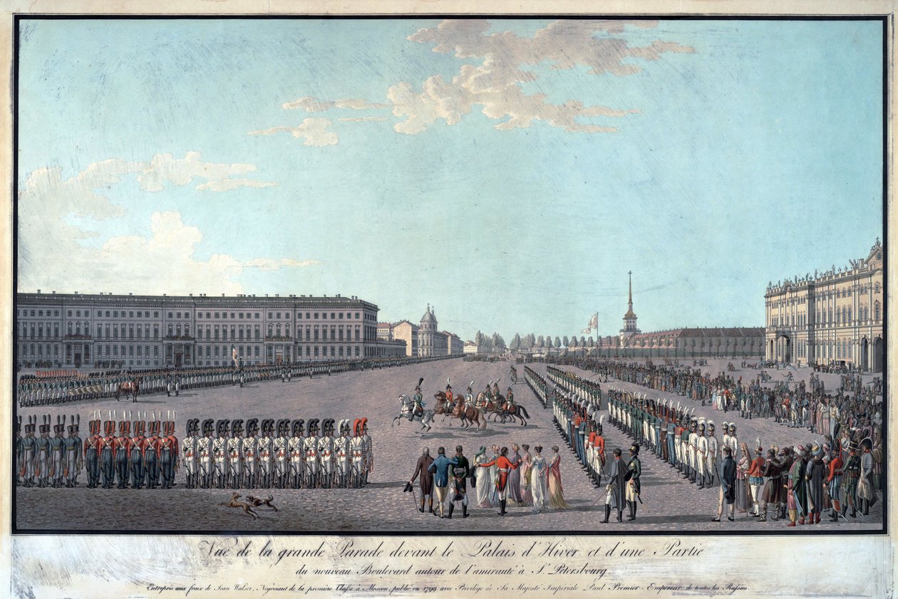 Průvod před Zimním palácem v Petrohradě - Anonym - 1799 - Lept, akvarel - 65x95,6 - Soukromá sbírka od Anonymous Anonymous