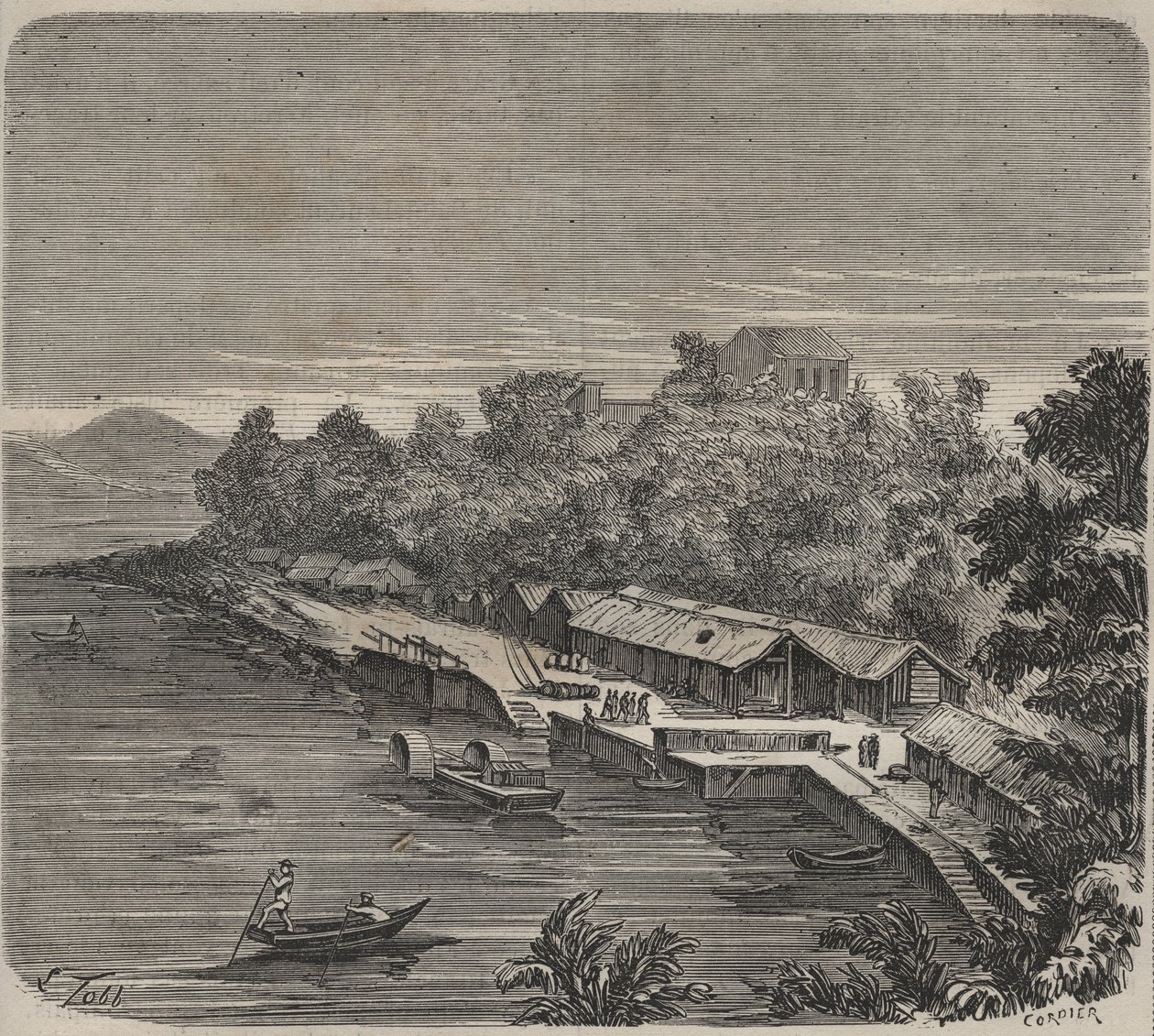 Vězeňská věznice Saint-Laurent v Cayenne (Francouzská Guyana) v 19. století. Rytina do „Historie věznic od jejich vzniku až po současnost“ (1877) od Pierra Zacconeho (1817-1895) (Colonia Penale - Trestná kolonie) od Anonymous Anonymous