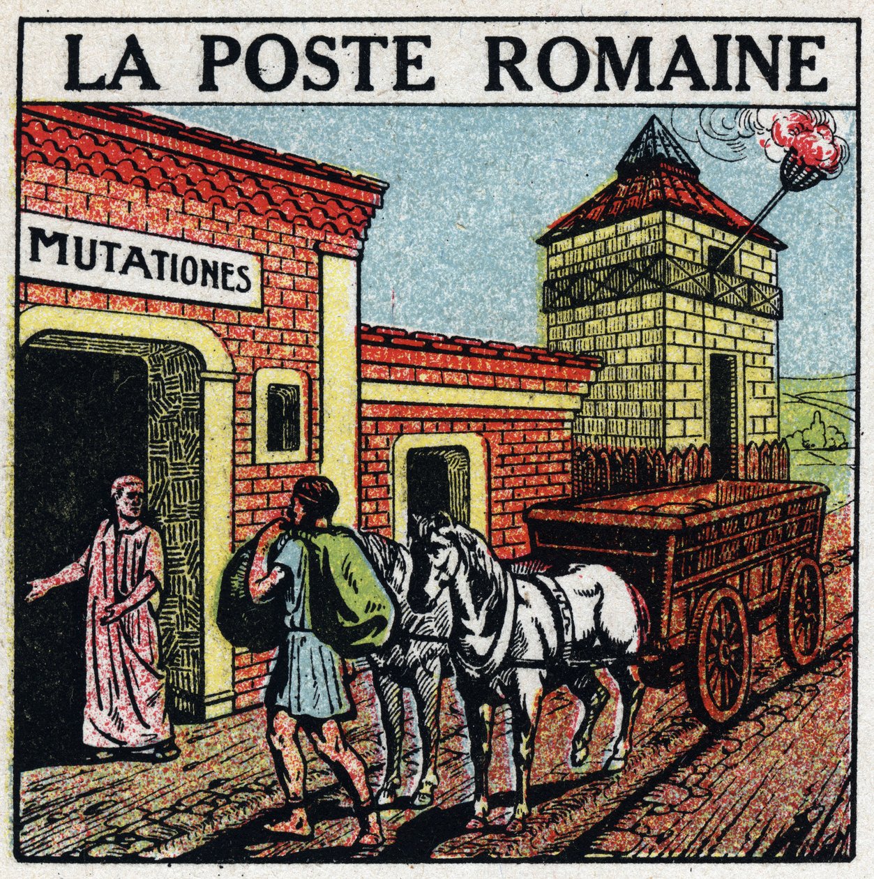Pošta: římská pošta. „Mutationes“, místo, kde si bylo možné pronajmout koně používané pro poštu s názvem „“curriculum publicus“. Anonymní ilustrace z roku 1925. Soukromá sbírka. od Anonymous Anonymous