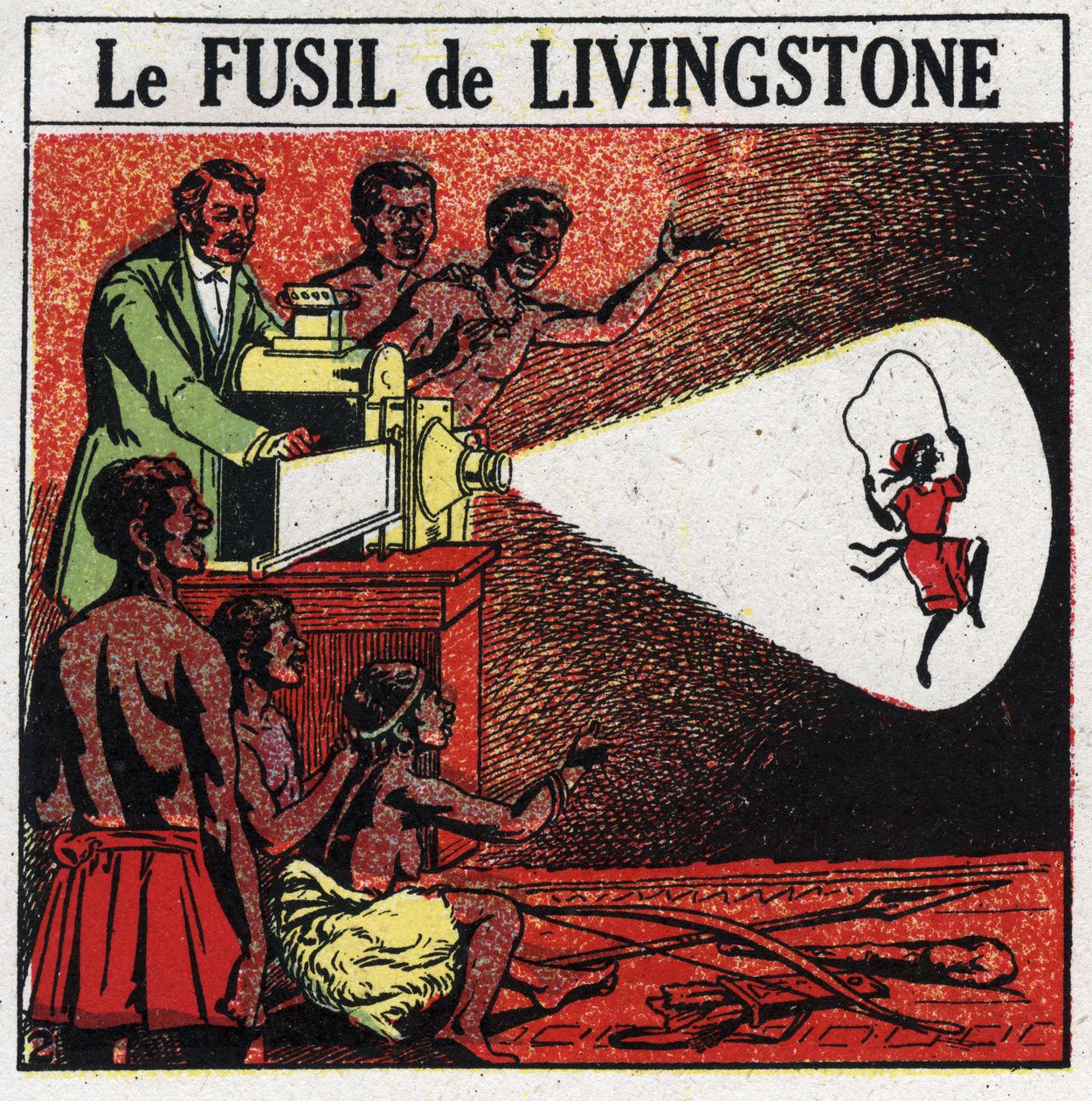 Projekce: Livingstoneova puška. David Livingstone (1813-1873) skotský misionář a průzkumník s kouzelnou lucernou v kmeni Balonda v Africe. Anonymní ilustrace z roku 1925. Soukromá sbírka. od Anonymous Anonymous