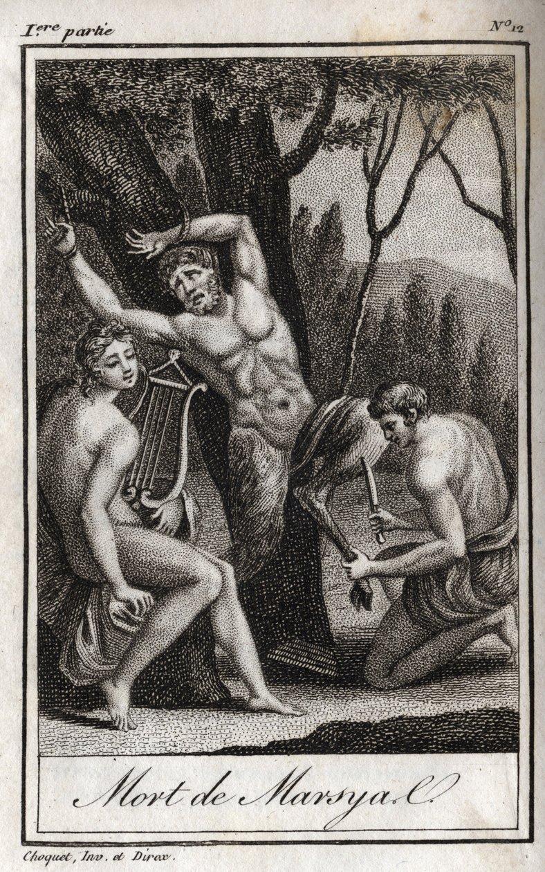 Trest nebo smrt Marsyas (The Punishment of Marsyas) je potrestán za to, že se vzepřel Apollónovi lyře, a je zabráněn Lučištníkem v přítomnosti krále Midase a múz. Rytina z roku 1819 v „Lettres a Emilie sur la mythologie“ od Charlese od Anonymous Anonymous