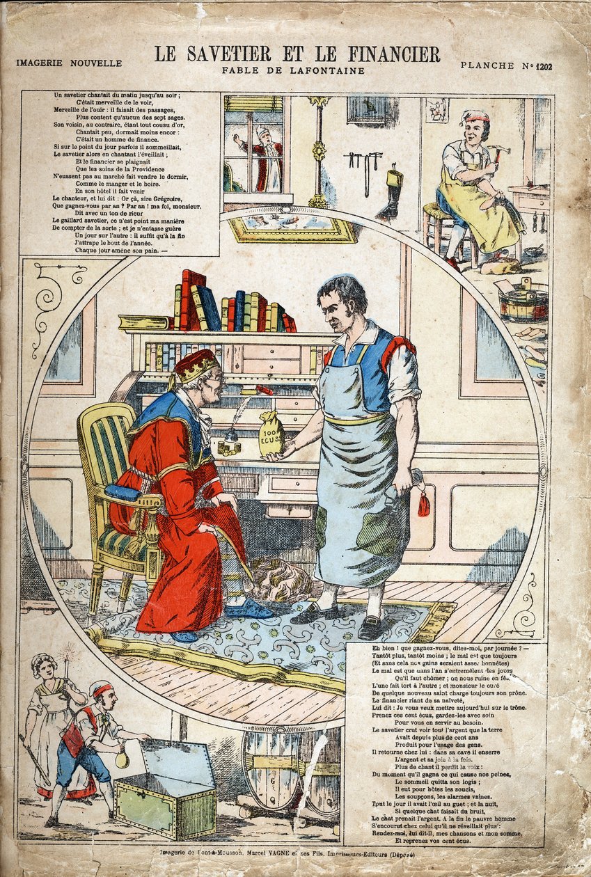 Spořič a finančník. Anonymní ilustrace pro Les Fables od Jean de LA FONTAINE (Lafontaine) (1621-1695). Imaging of Pont-a-Mousson, circa 1880. Soukromá sbírka. od Anonymous Anonymous