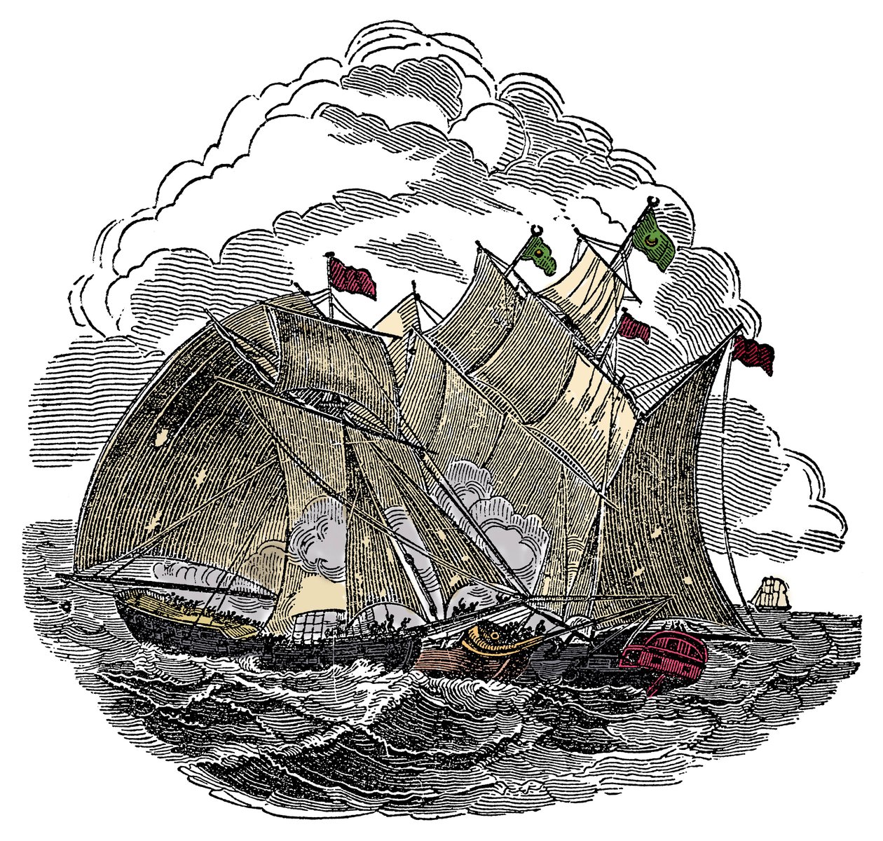Loď piráta Henry Every (John Avery, Long Ben, Benjamin Bridgeman) (? -1695) zaútočila v září 1695 na flotilu velkého Mughala Aurangzeba Aurangzeba (Alamgir) u Surate, Indie Rytina z „The Pirates Own Book“ od Charles Ellms od Anonymous Anonymous