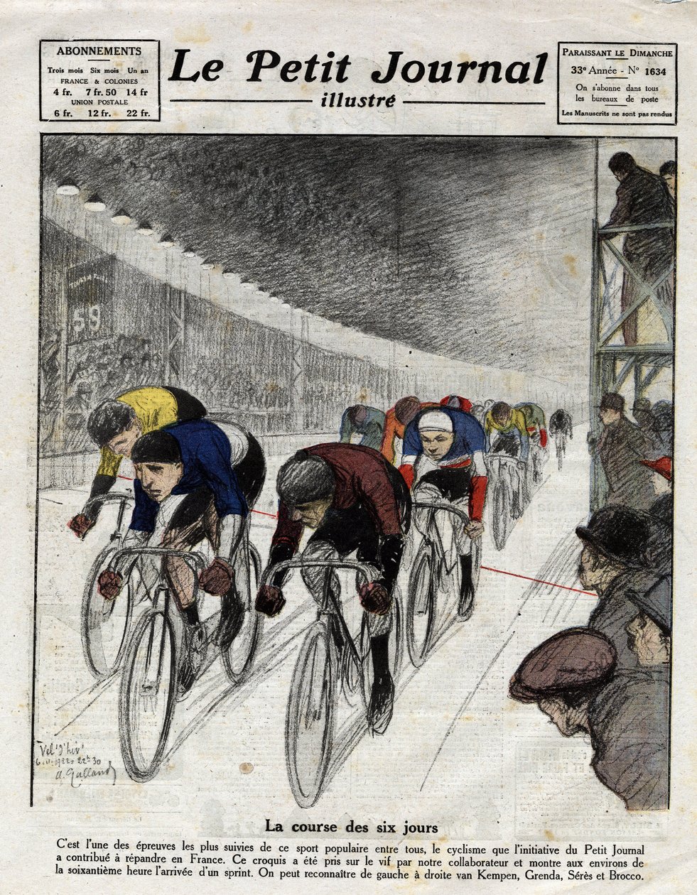 Šestidenní závod: Piet van Kempen (1898-1985), Alfred Grenda, Seres a Maurice Brocco (1883-1965) během sprintu. Rytina v Le Petit Journal illustre, dne 16.4.1922 od Anonymous Anonymous