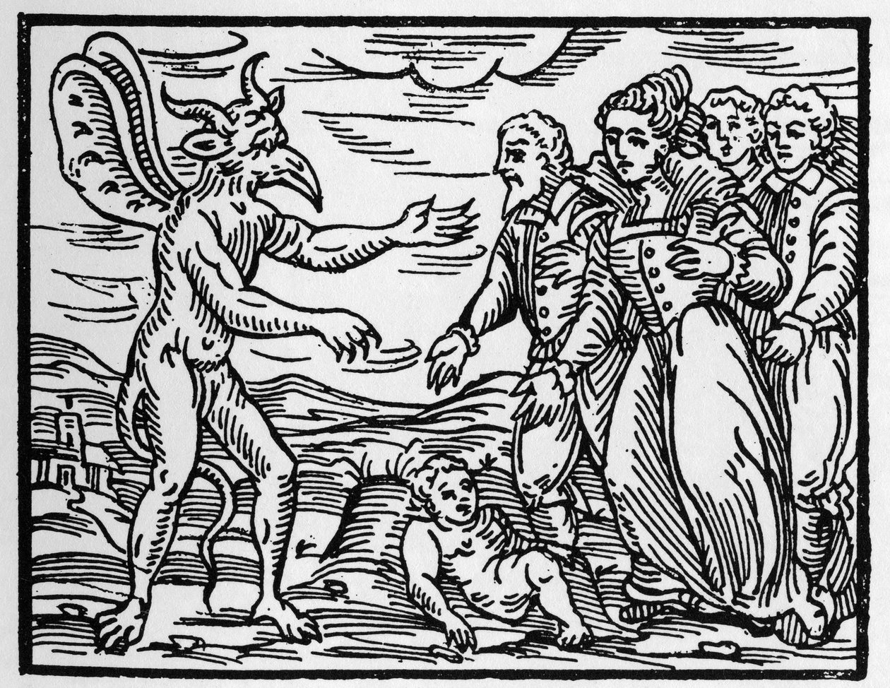 Čarodějové předkládající dítě ďáblovi - „“ Compendium Maleficarum “, pojednává o čarodějnicích, jejich zlu a jejich údělech od Francesca Maria Guazza nebo Guacca nebo Guaccius (15?? -16??) Soukromá sbírka 1608 od Anonymous Anonymous