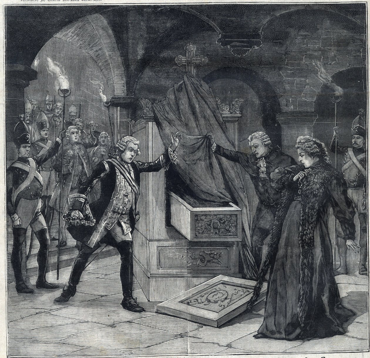Scéna sklepů ve hře „Kateřina Ruska““ v divadle Cathelet Paul Ginisty (1855-1932) a Charlese Samsona (1894-1895). Gravírování „“Le Petro Parisien““ od Anonymous Anonymous