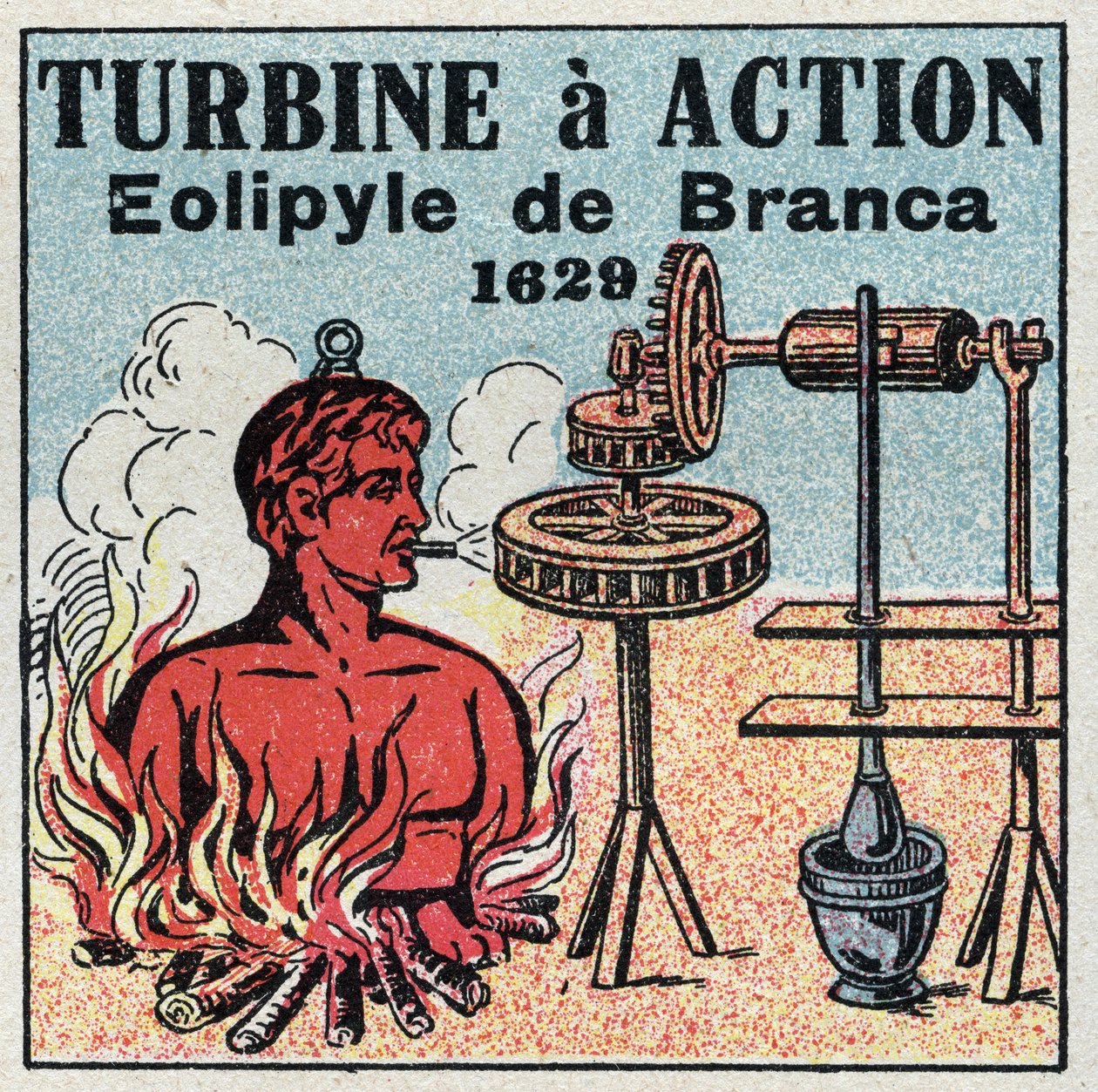 Parní stroj: turbína funguje. Eolipyle vynalezl Giovanni Branca (1571-1645) v roce 1629. Anonymní ilustrace z roku 1925. Soukromá sbírka. od Anonymous Anonymous