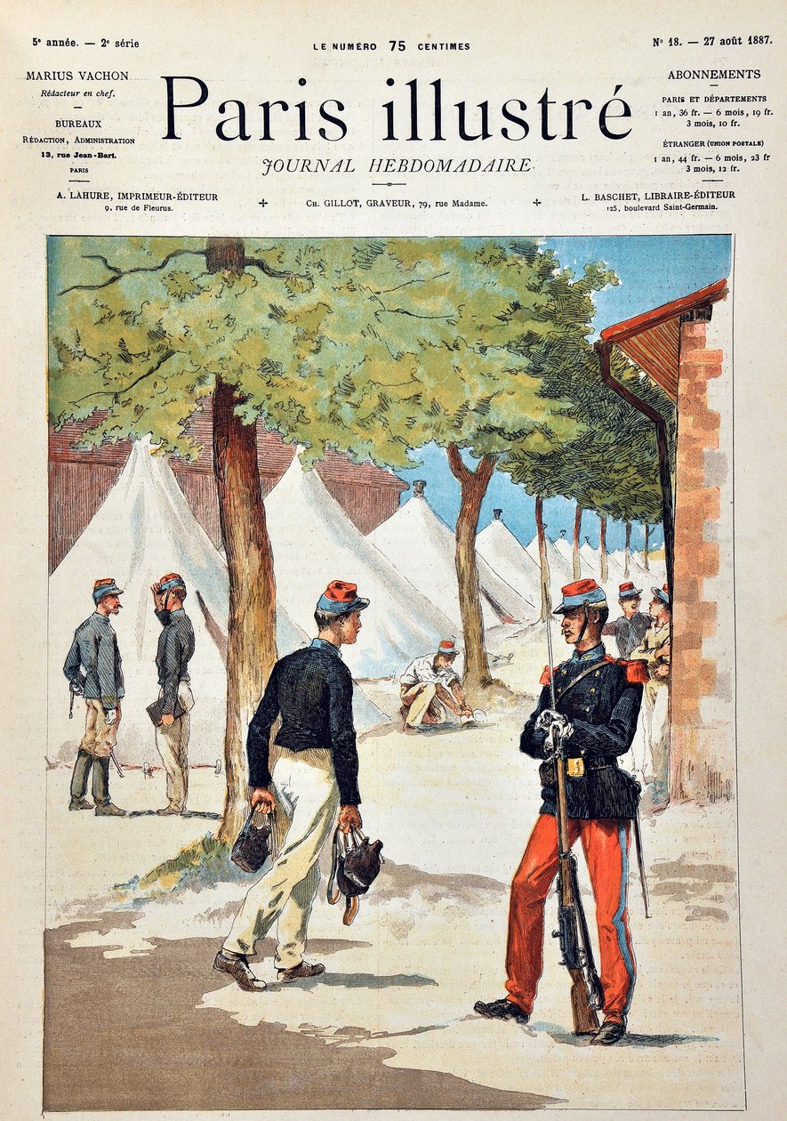 Studenti školy Saint-Cyr (Saint Cyr) v táboře Chalons. Rytina z roku 1887 v týdeníku Paris-Illustrous journal. od Anonymous Anonymous