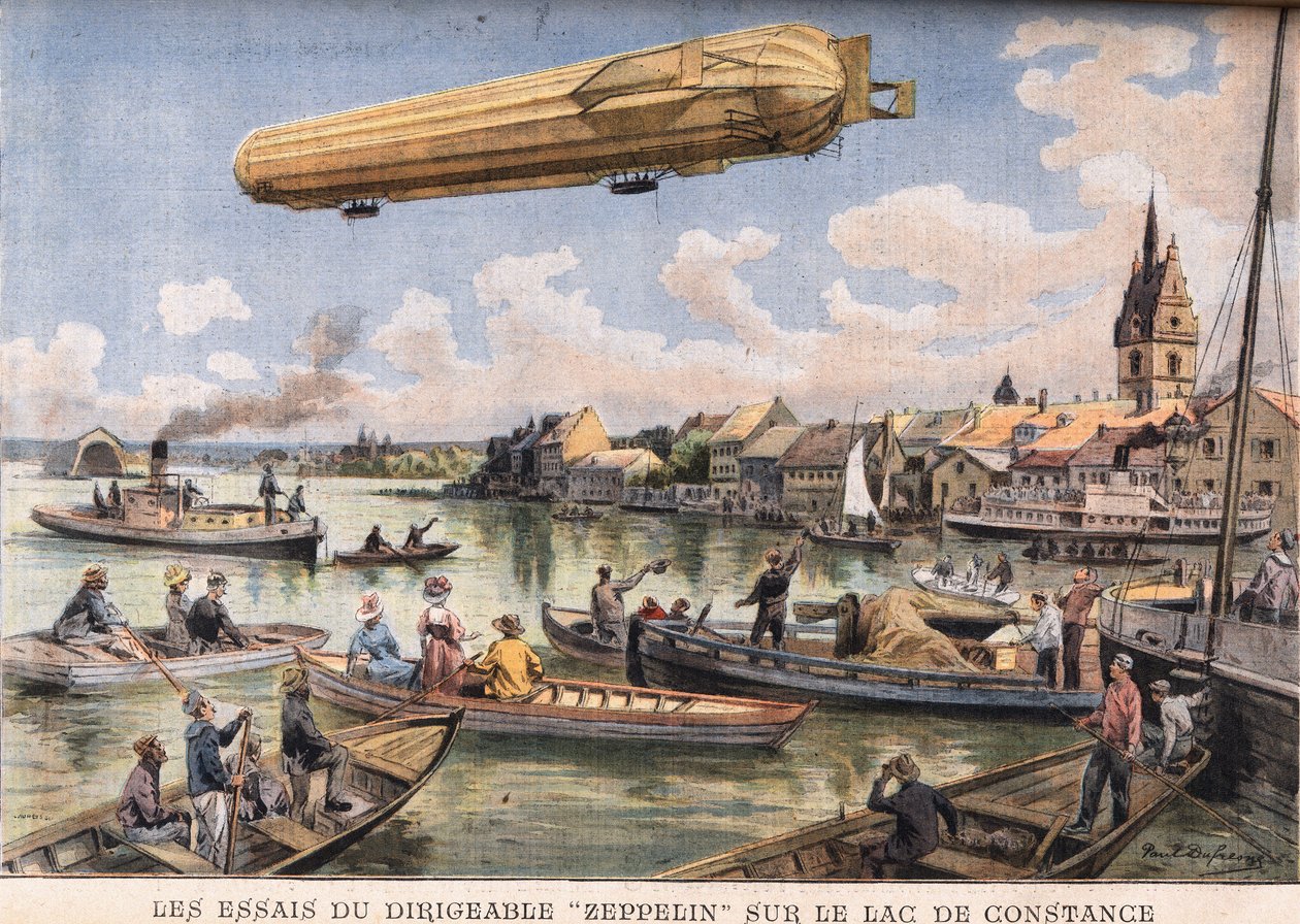 Testy vzducholodě Zeppelin na Bodamském jezeře v Německu. Rytina z novin "" Le Peute Parisien ", 2.8.1908. Soukromá sbírka. od Anonymous Anonymous