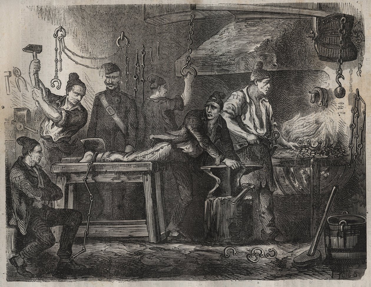 Přejezd do Toulon Bagne v 19. století. Rytina do „Historie trestanců od jejich vzniku až po současnost“ (1877) od Pierra Zacconeho (1817-1895) (Colonia Penale - Trestná kolonie). Soukromá sbírka. od Anonymous Anonymous