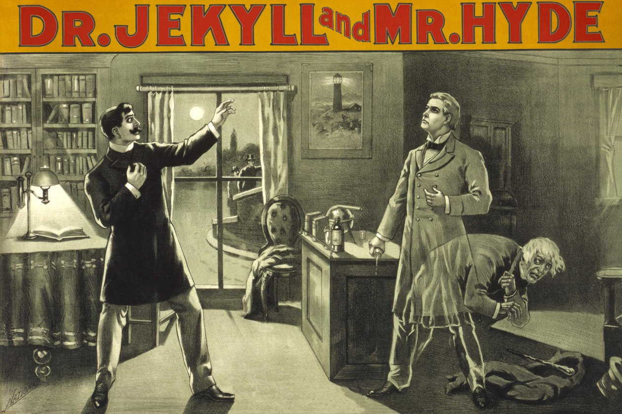 Transformace. ""Doktor Jekyll a pan Hyde", Rory of Terror od Roberta Louise Stevensona (1886). Americký plakát z konce 19. století pro divadelní představení. Soukromá sbírka Milan. od Anonymous Anonymous
