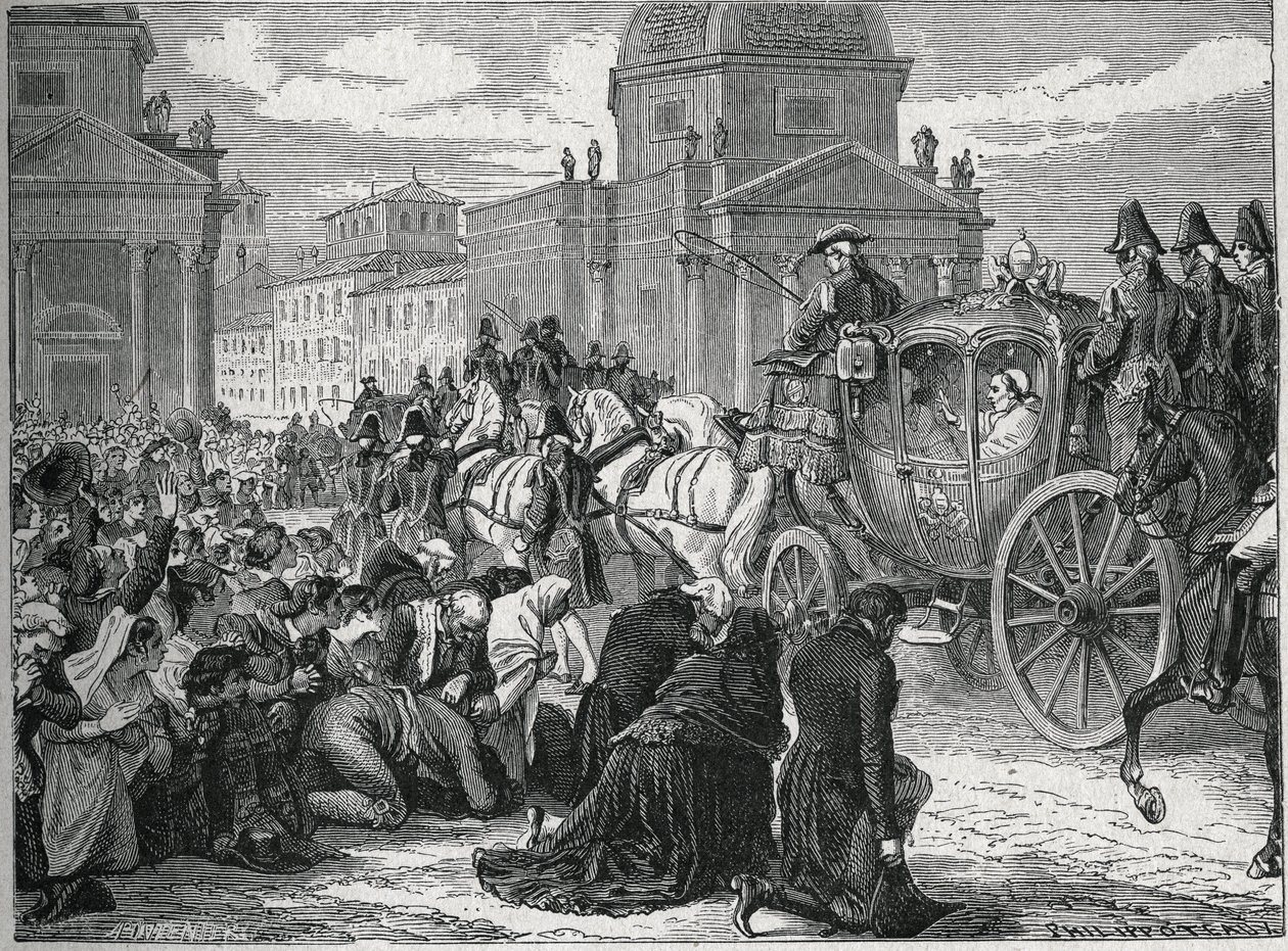 Triumfální vstup papeže Pia VII. (Pio) (1742-1823) v Římě (Roma) dne 24. května 1814. Rytina 19. století. Soukromá sbírka. od Anonymous Anonymous