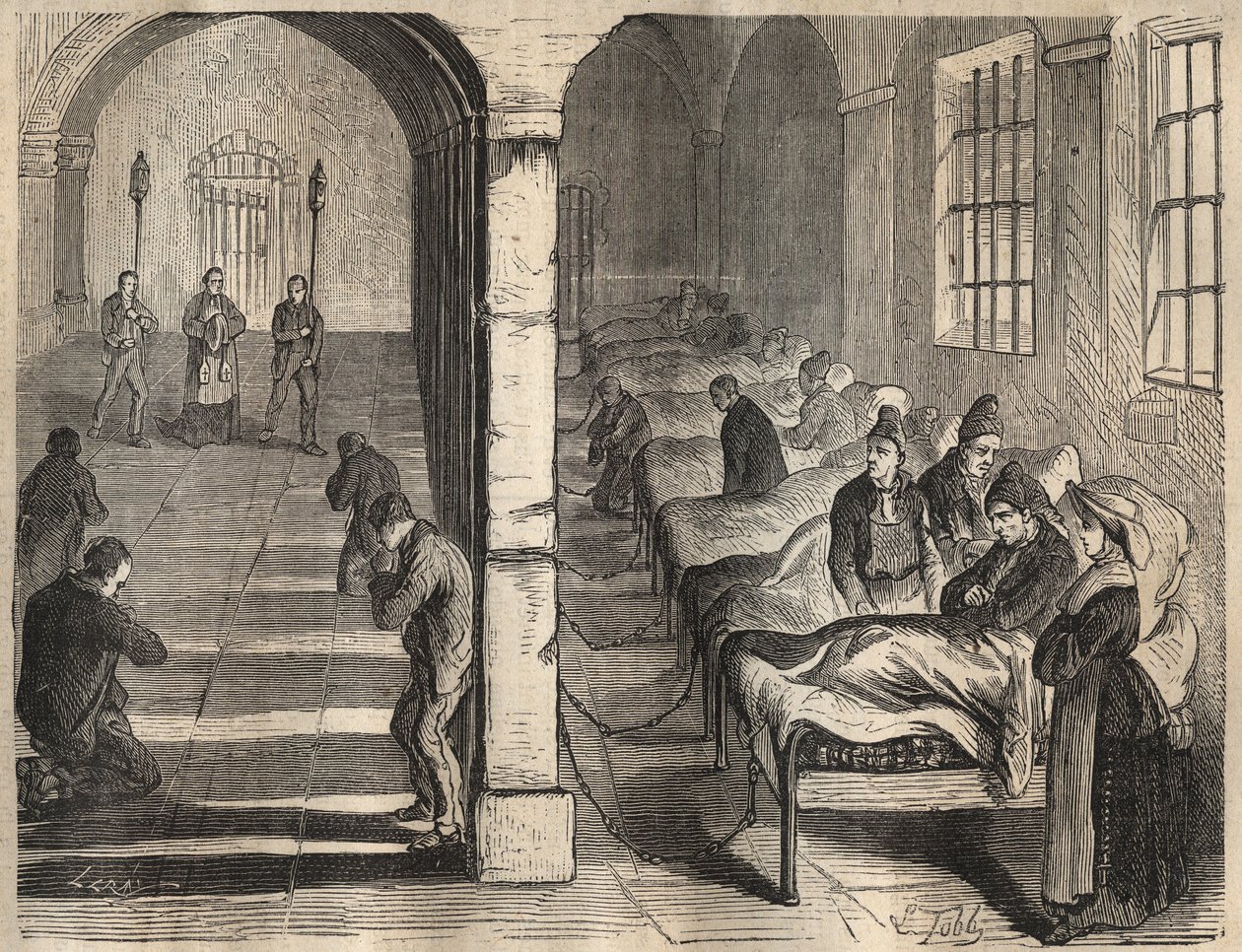 Viatica v toulonské věznici v 19. století. Rytina do „Historie trestanců od jejich vzniku až po současnost“ (1877) od Pierra Zacconeho (1817-1895) (Colonia Penale - Trestná kolonie). Soukromá sbírka. od Anonymous Anonymous