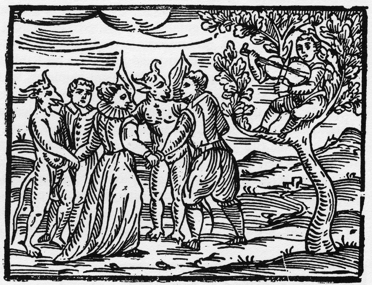 Čarodějnice o sabatu tančící za zvuku houslí - „Compendium Maleficarum“, pojednává o čarodějnicích, jejich zlu a jejich údělech od Francesca Maria Guazzo nebo Guaccia nebo Guaccius (15?? -16??) Soukromá sbírka 1608 od Anonymous Anonymous