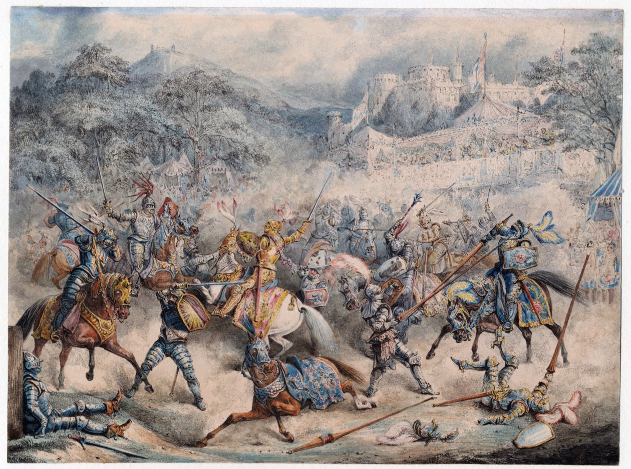 Tournoi (Moyenův věk) - Turnaj jízdních rytířů - Anonym - 1840 - Barevná litografie - 20,3x30,5 - Soukromá sbírka od Anonymous Anonymous