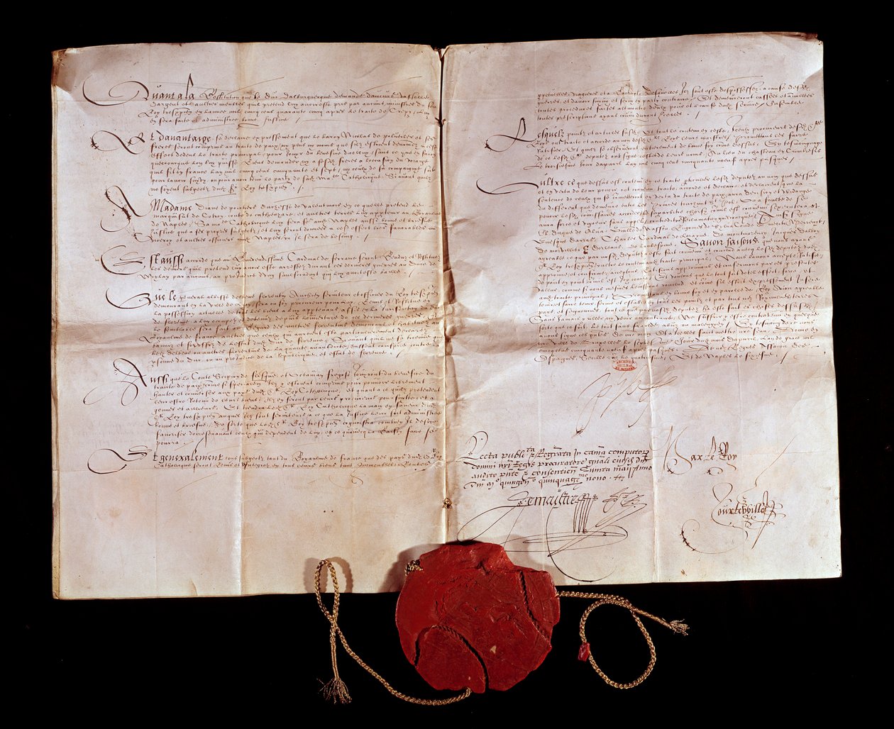 Smlouva z Cateau Cambresis (Cateau-Cambresis) mezi Jindřichem II. (1519-1589) a Filipem II. Španělským dne 3. 4. 1559. Francie vrací svá italská území Španělsku. Tento obchod ukončil italské války. Paříž, Národní archiv od Anonymous Anonymous