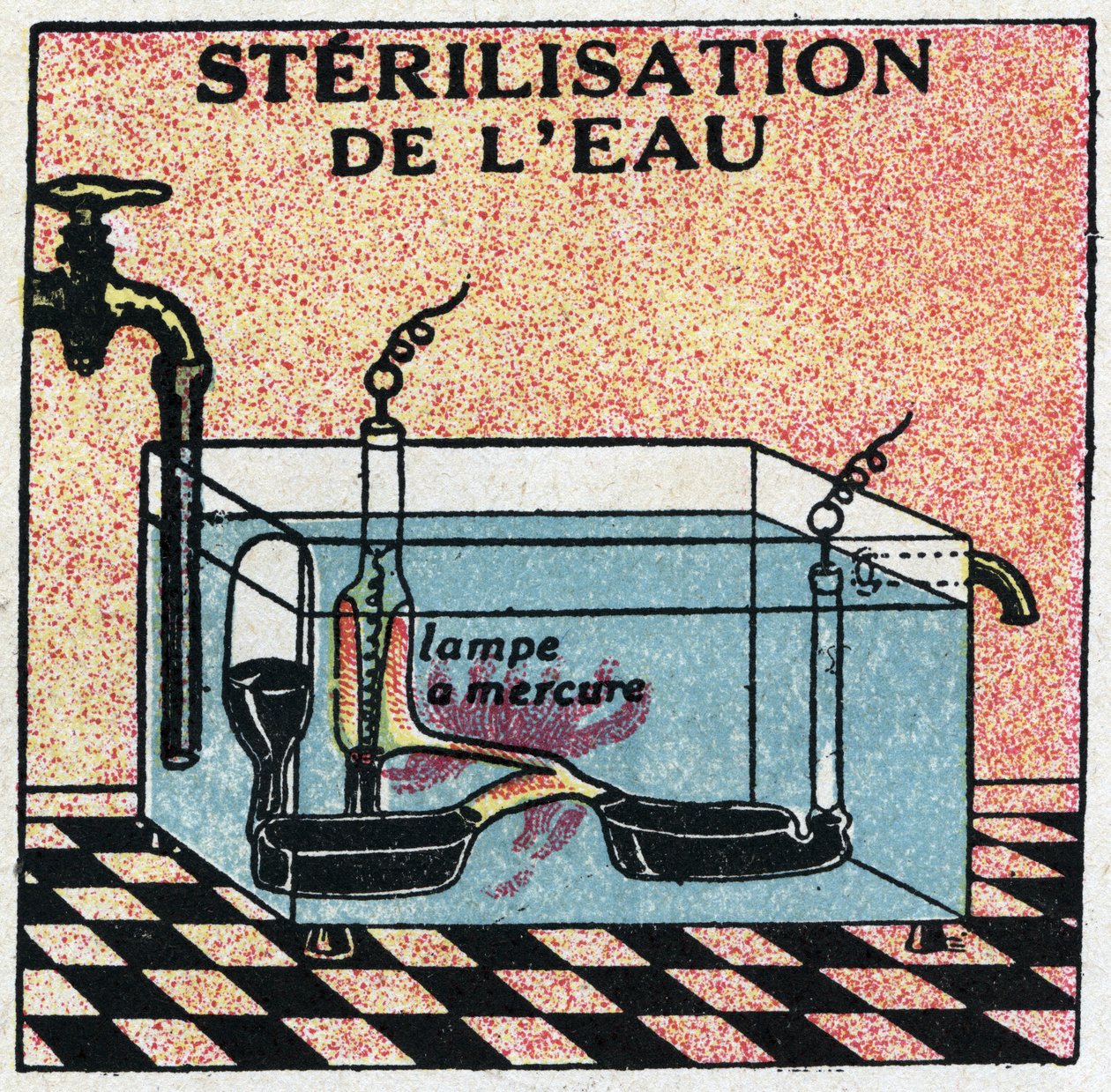 Ultrafialové paprsky: sterilizace vody ultrafialovými paprsky. Anonymní ilustrace z roku 1925. Soukromá sbírka. od Anonymous Anonymous