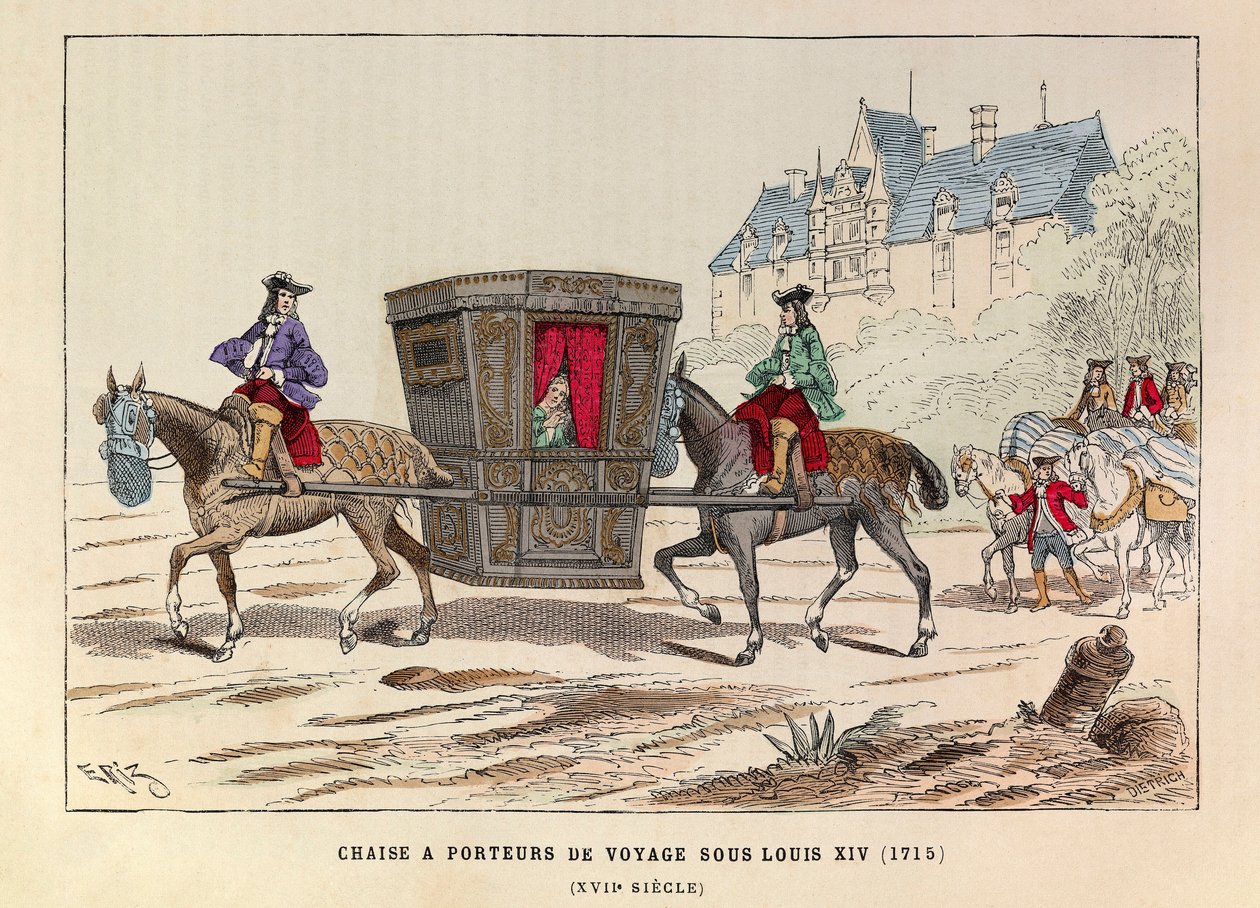 Une chaise à porter de voyage sous le reign du roi Louis XIV (1715) - Sedanské křeslo převážené koňmi za vlády francouzského krále Ludvíka XIV. od Anonymous Anonymous