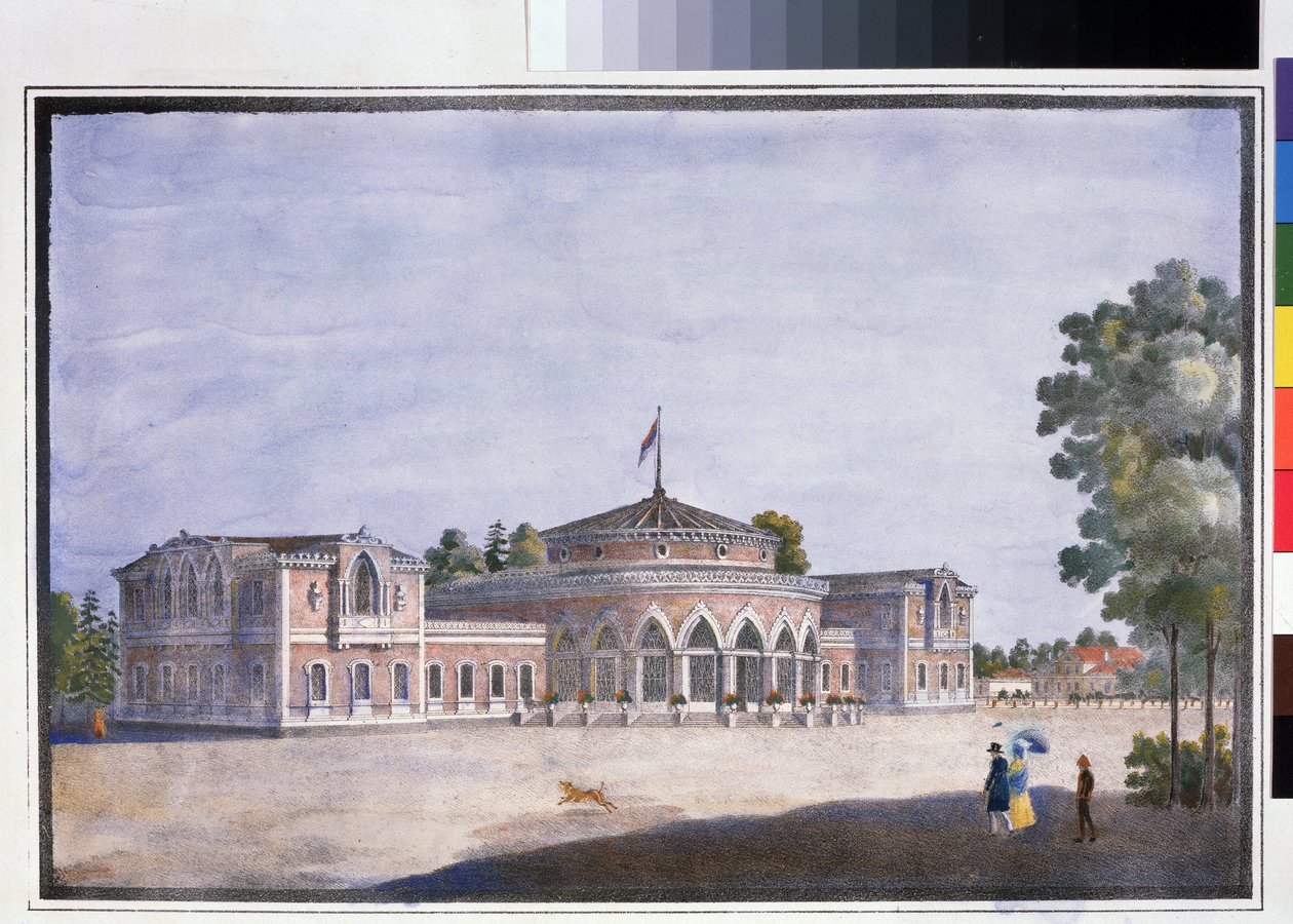 Železniční stanice a francouzská restaurace v Catharinhof (Nádraží a francouzská restaurace v Catharinhof). Anonymní litografie, kolorovaná akvarelem, 22 x 33 cm od Anonymous Anonymous