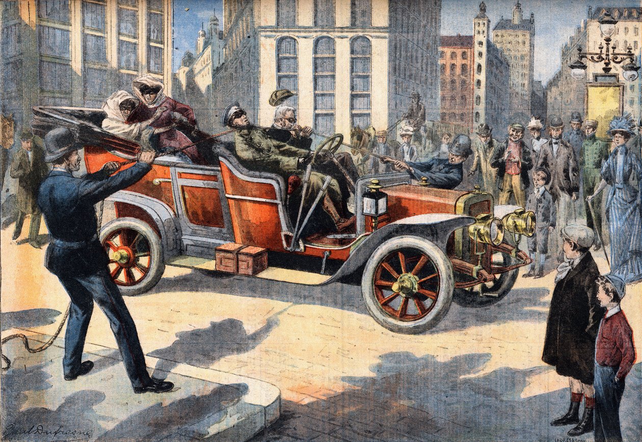 Neobvyklé metody americké policie pro zatýkání řidičů páchajících rychlost při řízení auta. Rytina z novin "" Le Petro Parisien ", 31.5.1908. Soukromá sbírka. od Anonymous Anonymous