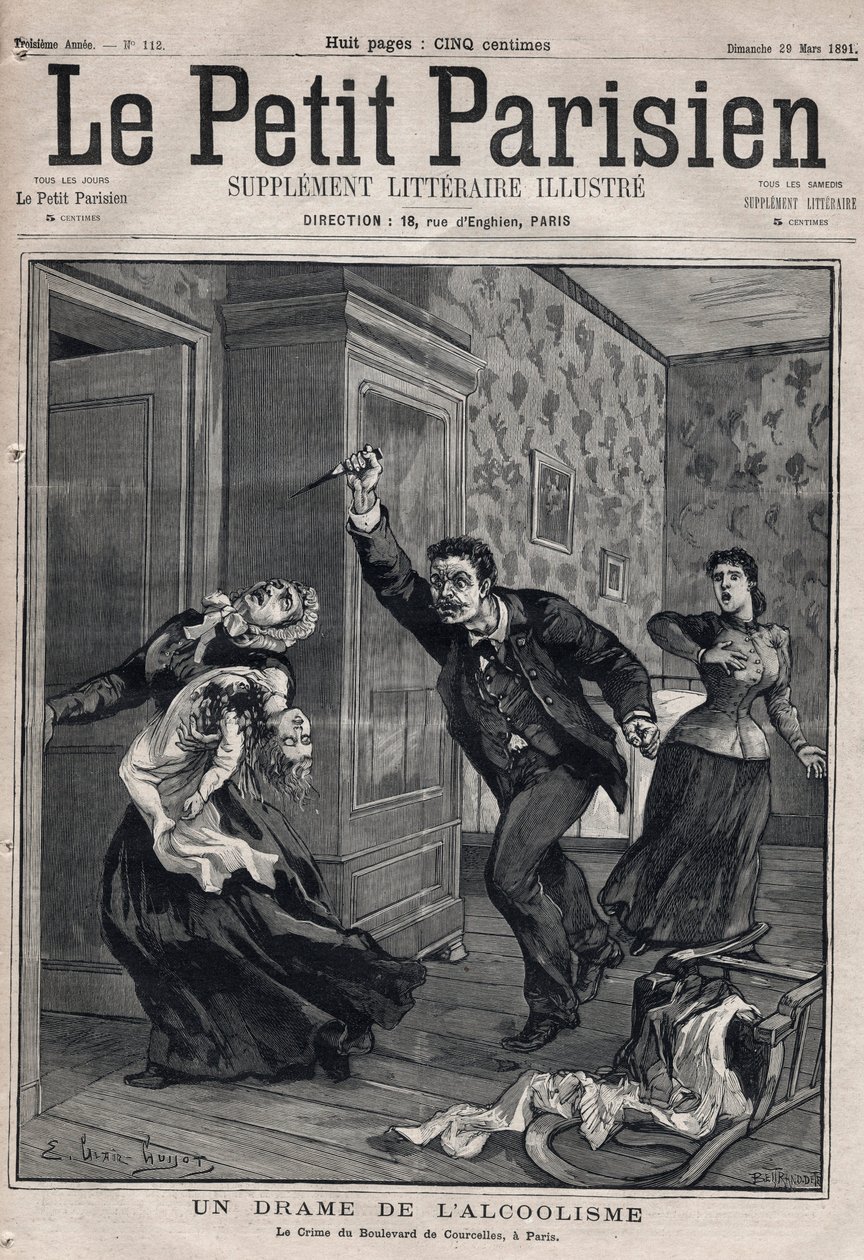 Různá fakta: drama alkoholismu - Le crime du Boulevard de Courcelles v Paříži - Rytina v „Le petit Parisien““ z roku 1891 - Soukromá sbírka od Anonymous Anonymous