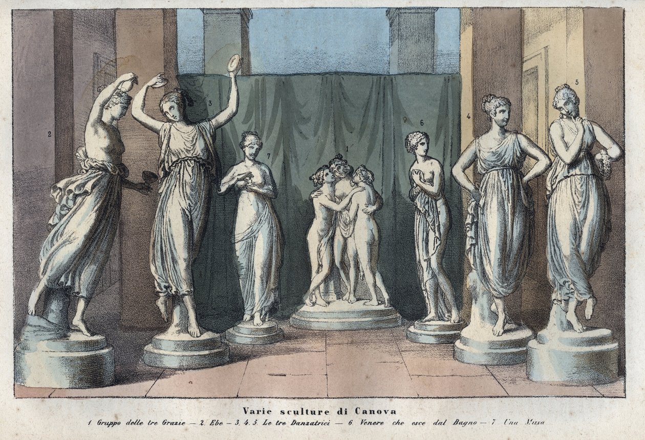 Různé sochy od Canovy - Tři Grácie - Hebe - Tančící tři Grácie - Venus Italica - Múza - rytina z „“ Zvyků a tradic všech národů vesmíru. To je historie vlády, zákonů, milicí, náboženství všech od Anonymous Anonymous