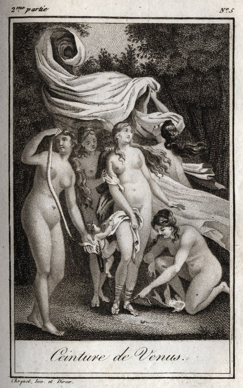 Venušin pás: Zatímco bitva pokračuje ve prospěch Trojanů, Junon používá Venušin pás k okouzlení Jupitera a spánek, aby ho uspal. Rytina z roku 1819 v „Lettres a Emilie sur la mythologie“ od Charlese Alberta Demoustiera (1760-1801). Soukromá sbírka od Anonymous Anonymous